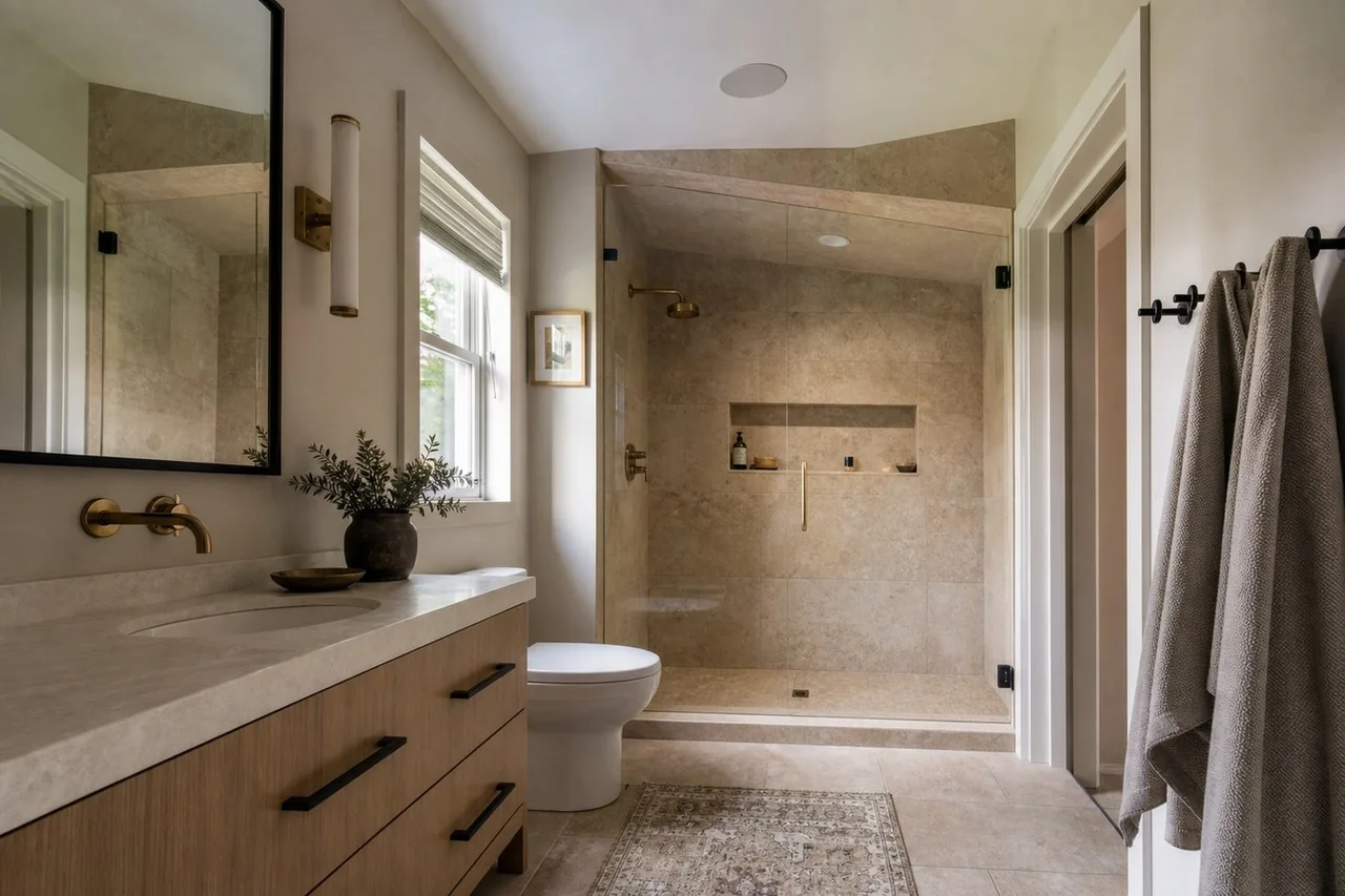 Representative finished bathroom remodeling work with walk-in shower and vanity planning