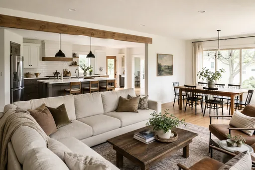 Representative whole-home interior remodel with coordinated flooring, walls, trim, and living spaces